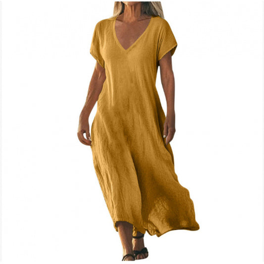 Cotton Linen V-neck Short Sleeve Loose Dress Women's Clothing