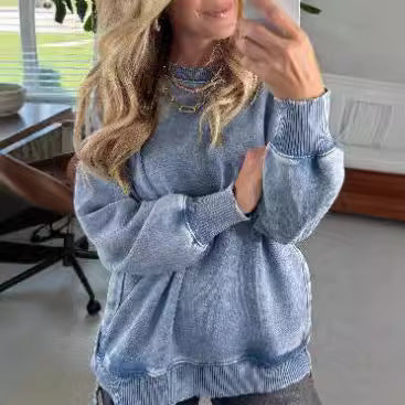 Kvinders efterårs- og vinterløse bomuldsvaskede sweater