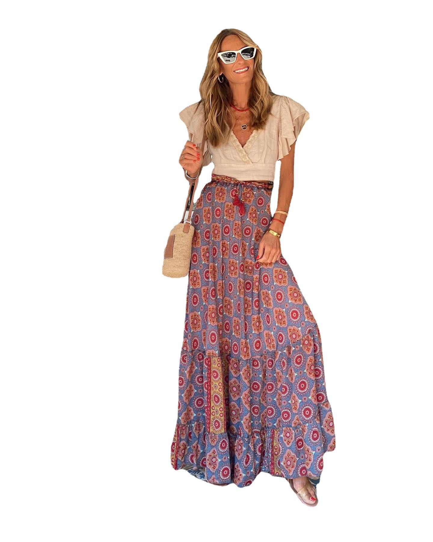 Women's Printed Long Skirt With Ruffle Edge Skirt