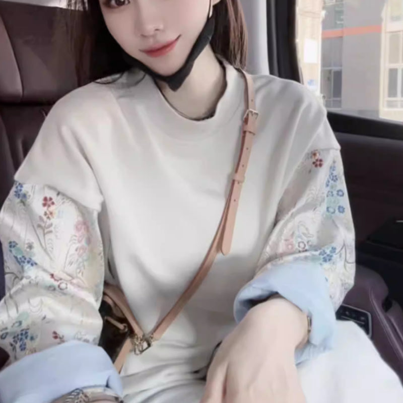 New Chinese-style Color-block Embroidered Crewneck Long-sleeve Hoodie