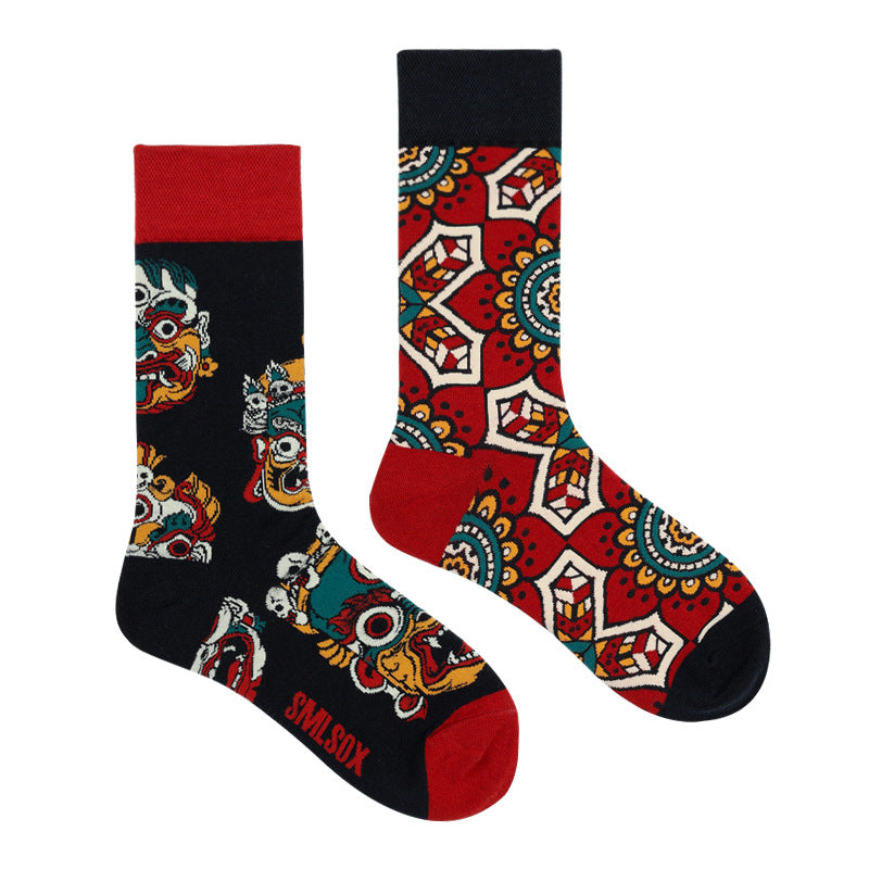Asymmetrical Color Retro Personality Male And Female Couple Mid-length Cotton Socks