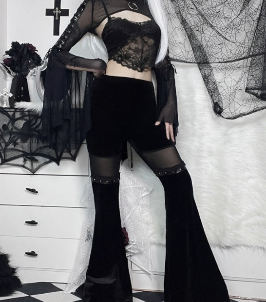 Mesh Panel Slim Fit High Waist Flare Pants