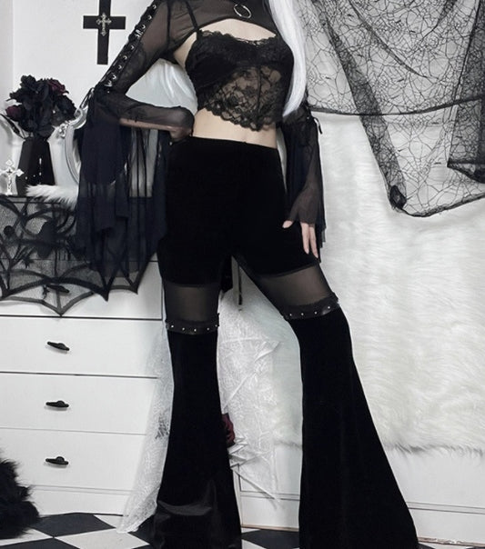 Mesh Panel Slim Fit High Waist Flare Pants