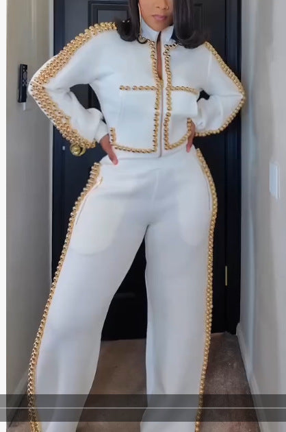 Stylish Relaxed-fit Wide-leg Pants With An Elegant Pearl-accented Set