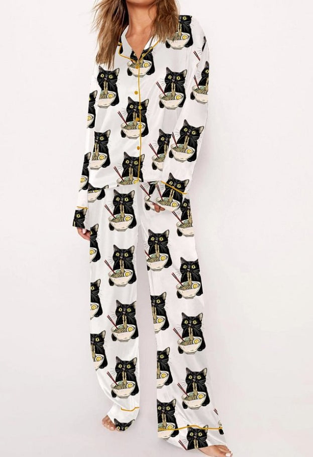 Fashionable Long-sleeve Printed Lapel Loungewear Pajamas
