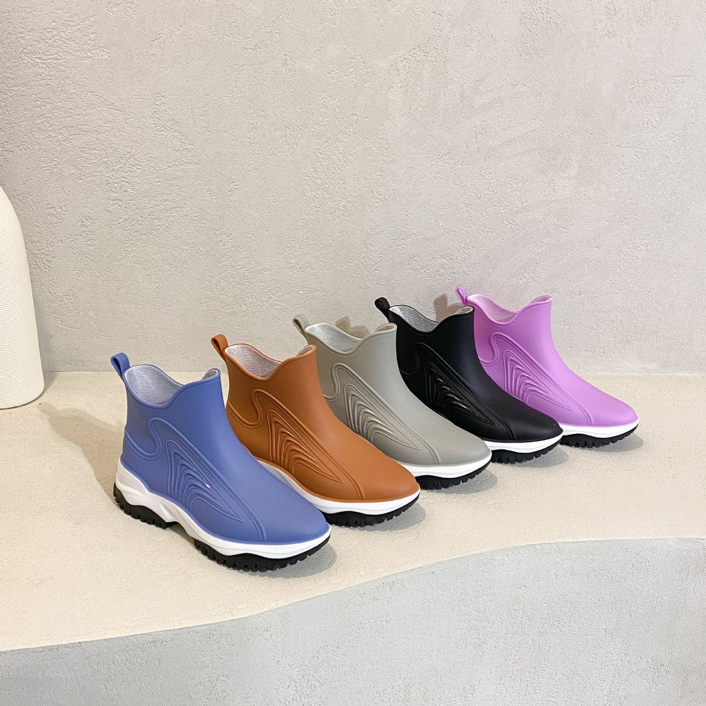 Fashion Color Blocking Thick Sole Low Top Women's Rain Boots