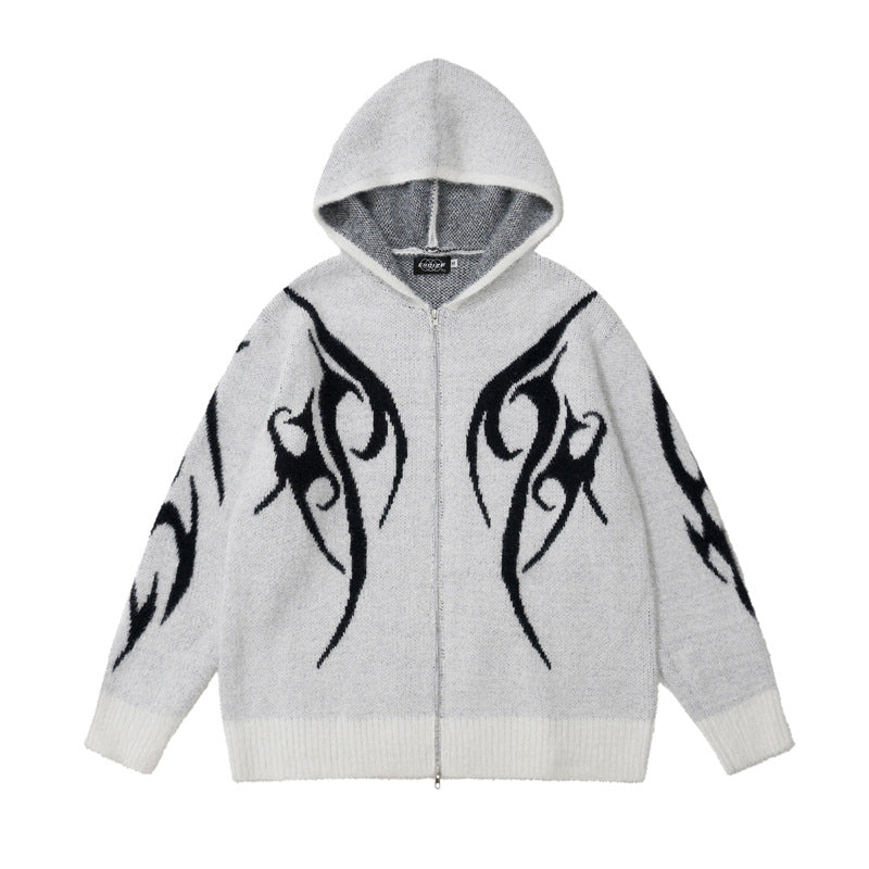 Totem Jacquard Contrast Color Hooded Zip Sweater