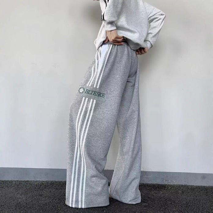 Loose Casual Side Stripe Straight Wide-leg Pants For Autumn And Winter