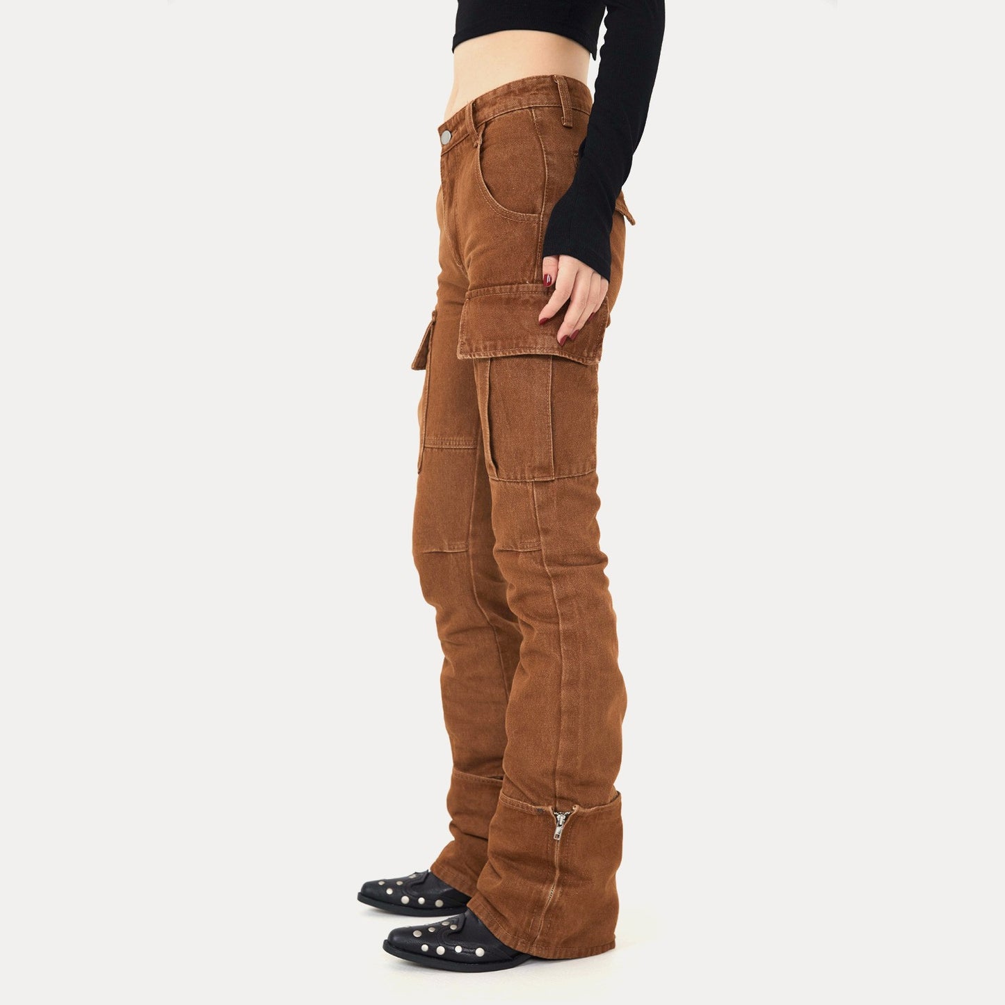 The Ins Wind Casual Niche Brown Micro-labelled Denim Pants Female
