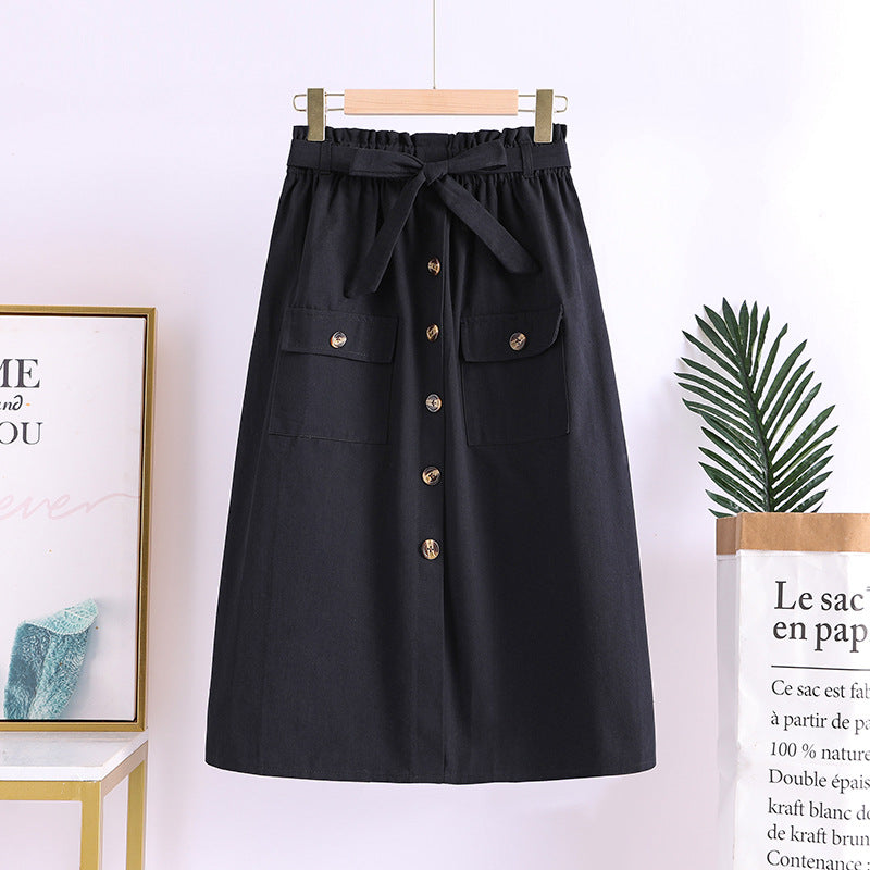 Summer New Artistic Solid Color Buttons Mid-length Skirt Mori Girl Elastic Waist Cotton And Linen A- Line Skirt
