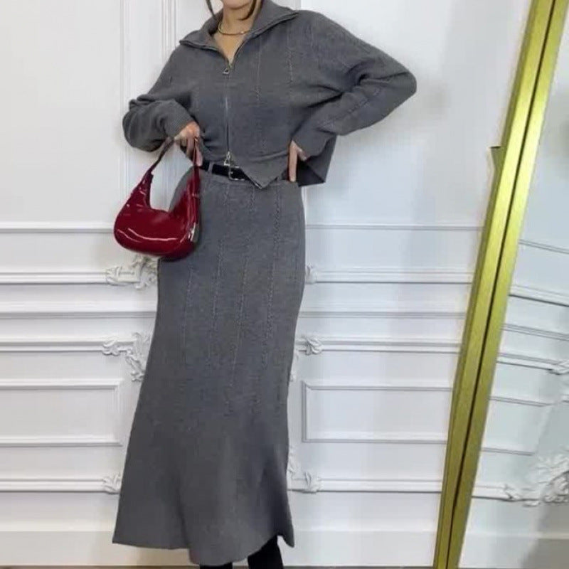 Solid-color Long-sleeve Zip-up Jacket And Skirt Fashion Set