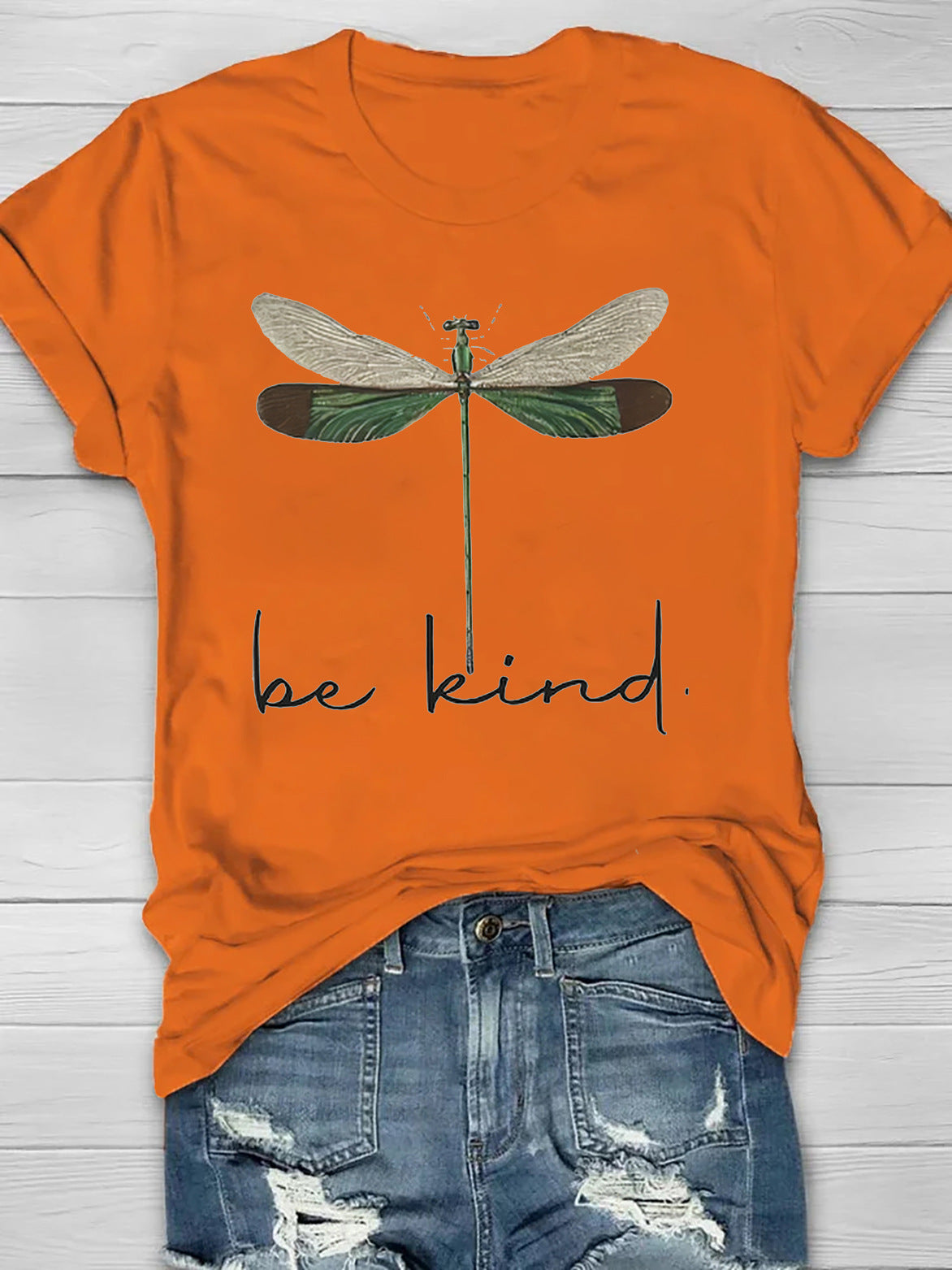 Round Neck White Loose Pullover Chic Dragonfly Short Sleeve
