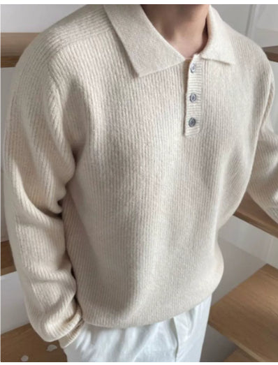 Long Sleeve Button Polo Shirt Solid Color And V-neck Business Men's Sweater