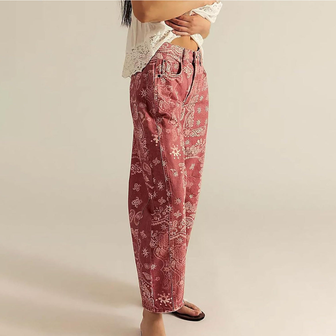 Womens Relaxed-fit Floral Cropped Wide-leg Mid-rise Jeans