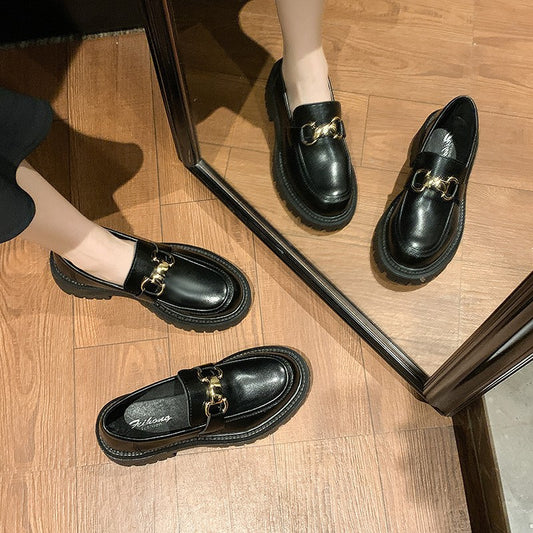 Chunky Heel Platform Small Leather Slip-on Loafers