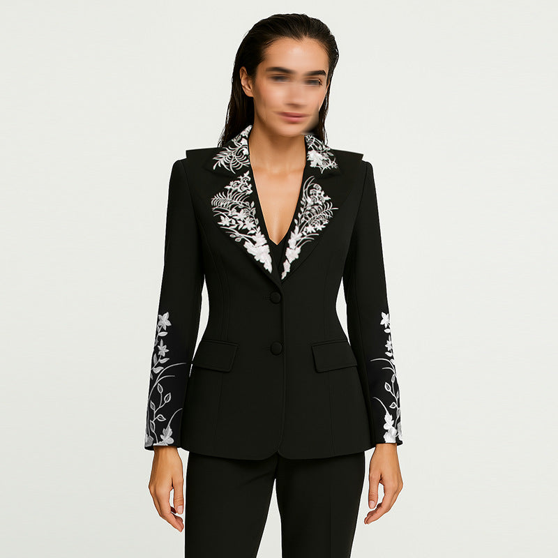 Retro Embroidered Long-Sleeve Fitted Waistline Button-Up Blazer