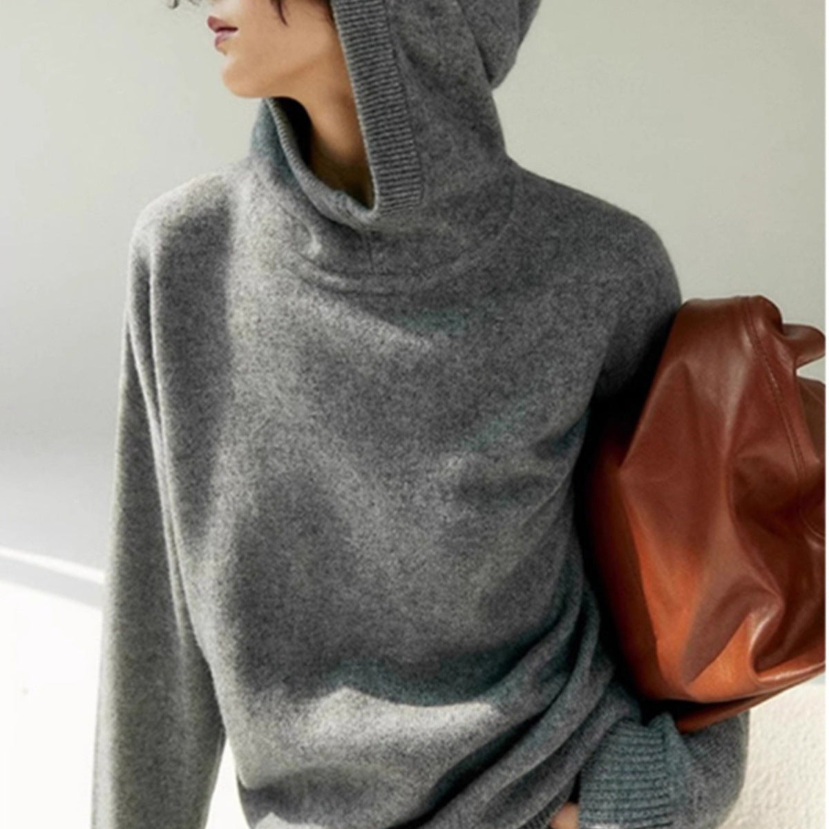 Women's Retro Gray Hooded Sweater Pullover Sweater