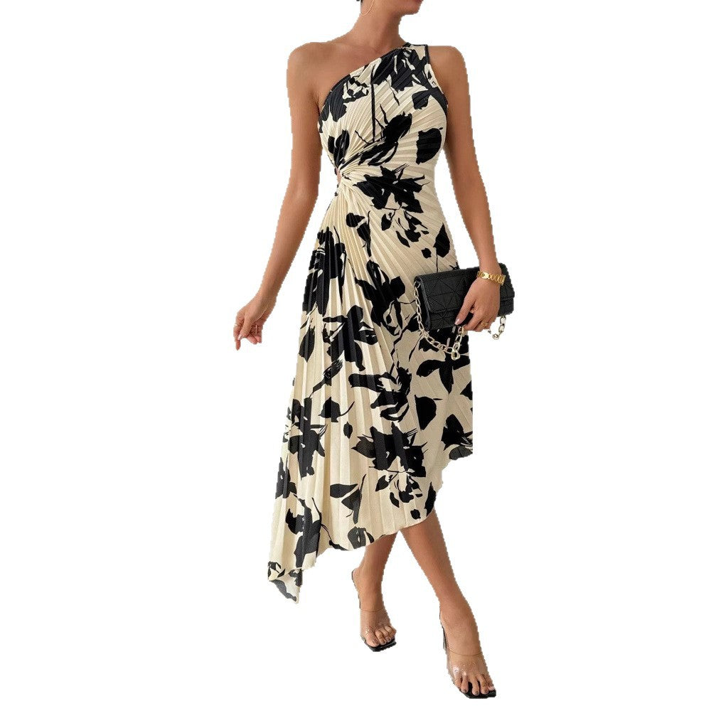 Long Sleeveless Mid-length Dress With An Irregular Leaf Print