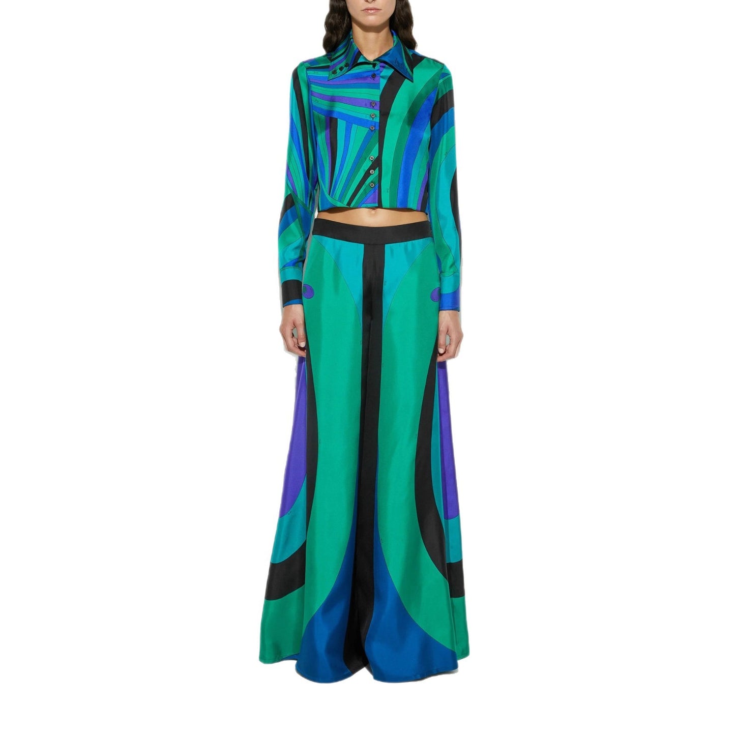 Printed Satin Long Sleeve Shirt And Wide-leg Pants Two-piece Set