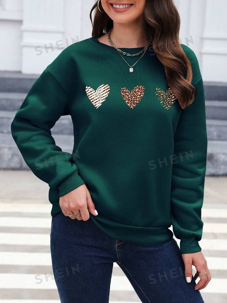 Essnce Leopard Heart Print Drop Shoulder Sweatshirt