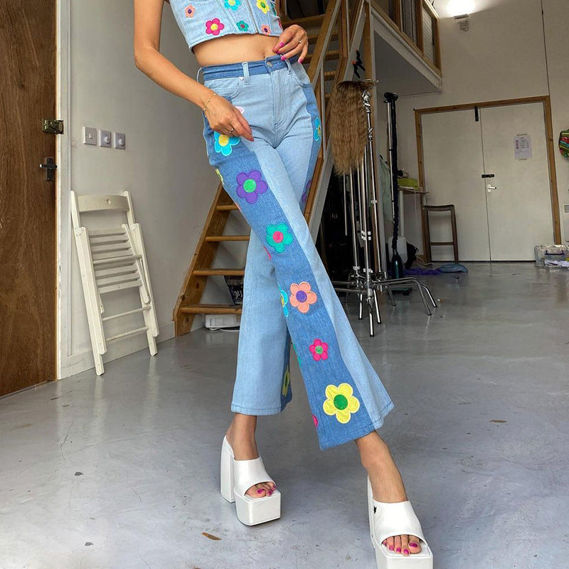 Patchwork Embroidery Design Contrast Flower Stitching Jeans