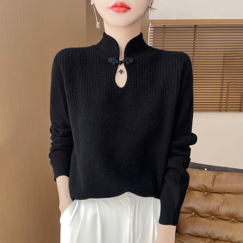 Chinese Style Retro Buckle Stand Collar Sweater For Women