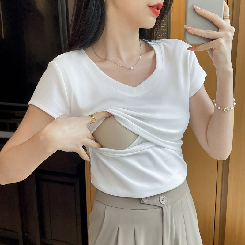 Pure Cotton Nursing T-Shirt V-Neck Breastfeeding Base Layer Top
