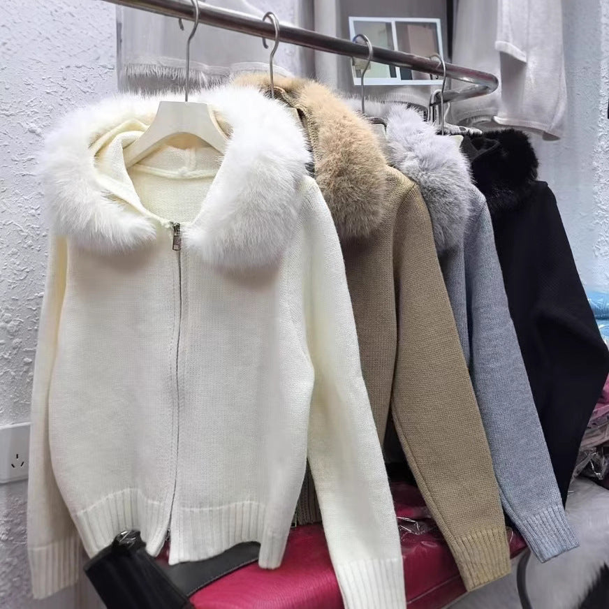 Vintage Knitted Cardigan Long Sleeve Fur Collar Coat