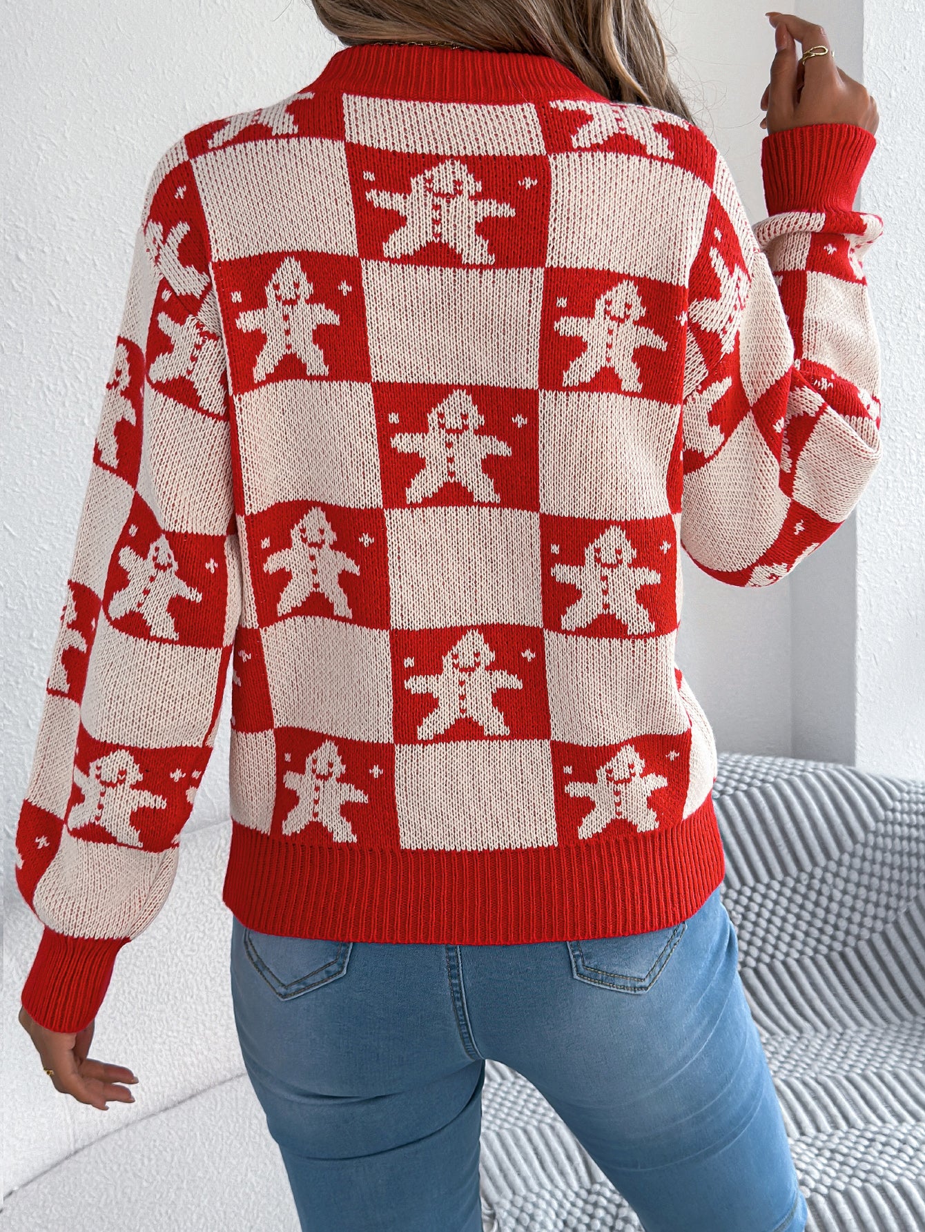 Snowflake Plaid Lantern Sleeve Pullover Sweater