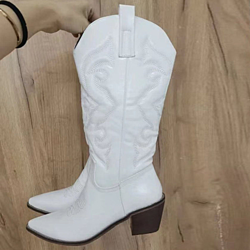Embroidered Women's Mid-calf Fluorescent Pointed Martin Boots Chunky Heel Plus Size Boots