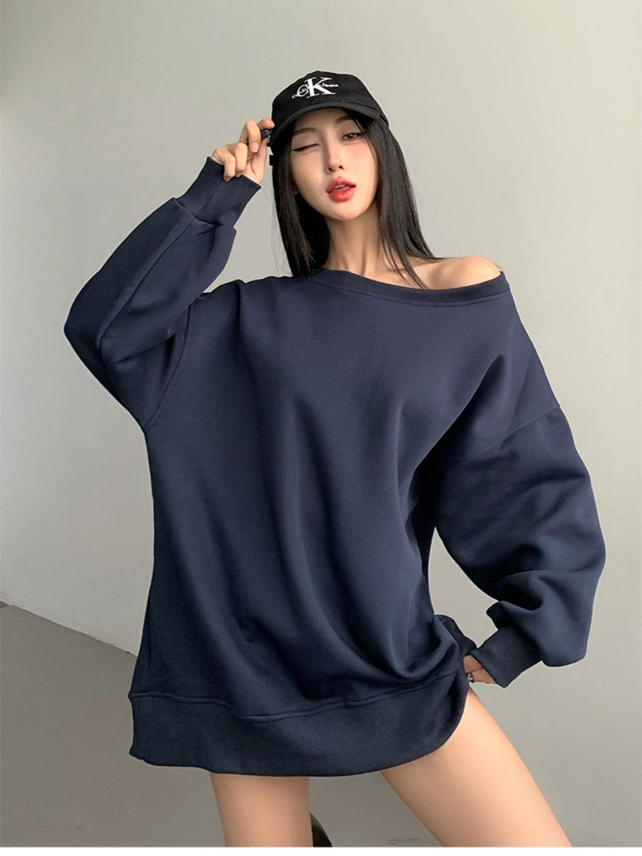 Efterår og Vinter Amerikansk Sweater Kvinder Design Off-shoulder Løs Casual