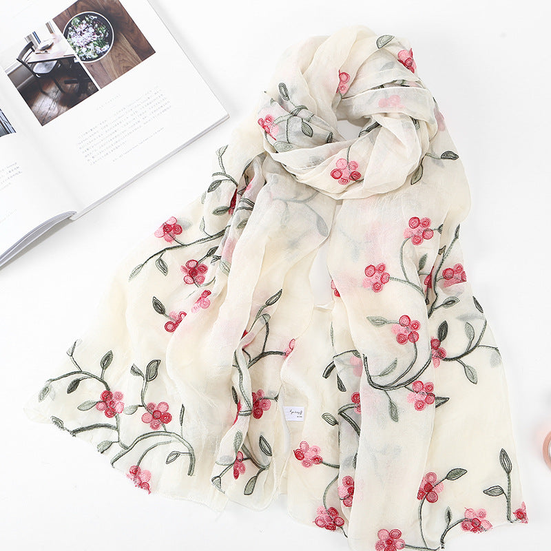 Women's Chiffon Flower Embroidered Silk Scarf Beach Shawl