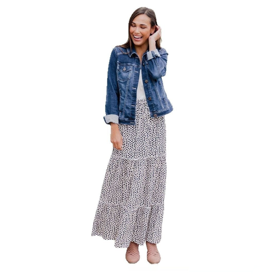 Elegant Rayon Printed Stitching High Waist Summer Dress