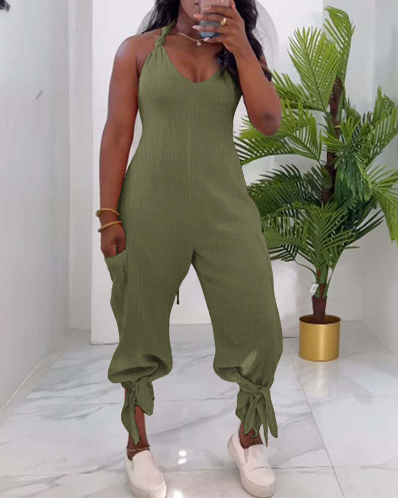 Casual Backless Halter Lace-up Casual Patch Pocket Bundle Foot Strap Jumpsuit