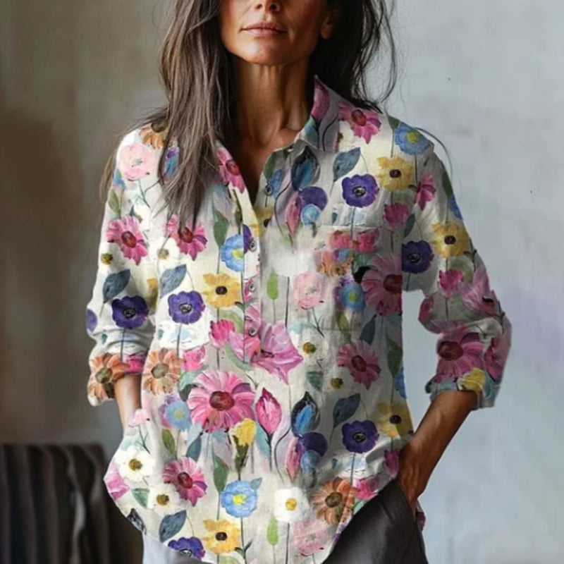 Women's Vintage Floral Art Print Casual Cotton And Linen Shirt