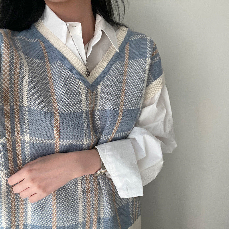Autumn And Winter Plus Size Plaid Knitted Vest Sweater
