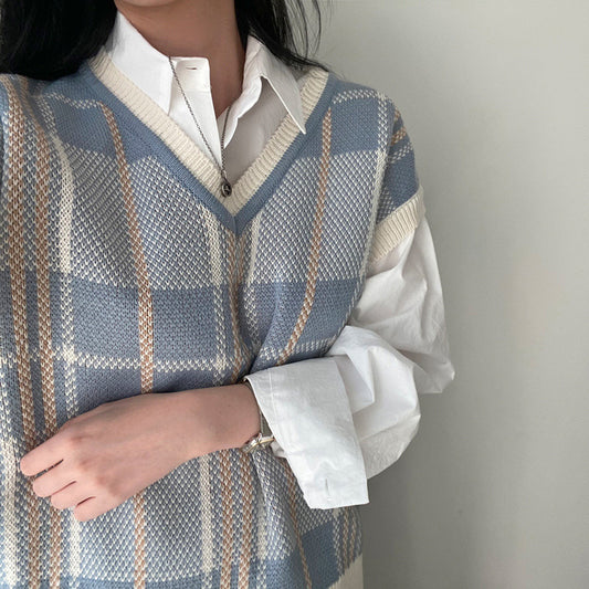 Autumn And Winter Plus Size Plaid Knitted Vest Sweater