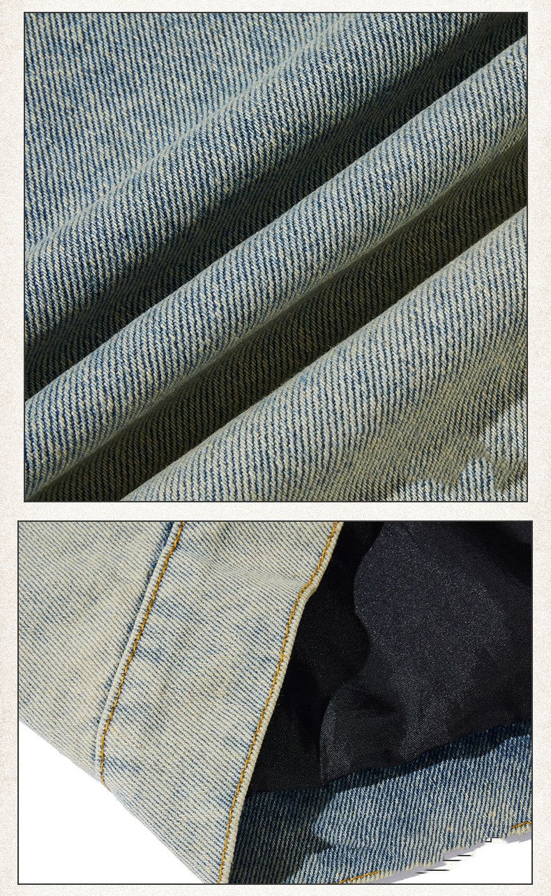 Washed Distressed Denim Jacket With Half Turtleneck Zipper