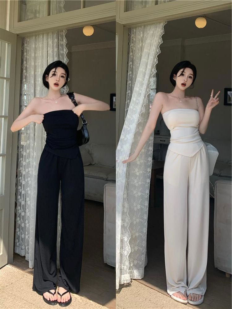 Lady's Sexy Vest High-waisted Casual Wide-leg Pants Two-piece Set