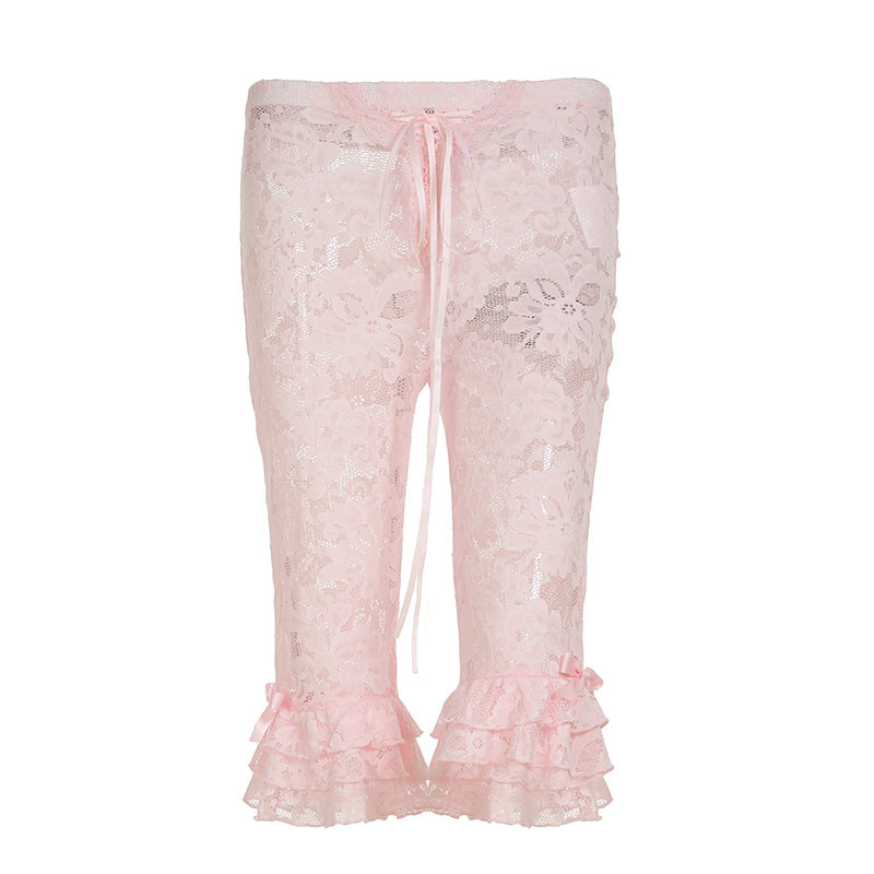 Womens Casual Hollow-Out Lace Patchwork Jacquard Knit Pants