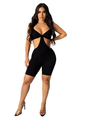Women's Solid Color Pit Strip Tight Suspender One Piece Pants