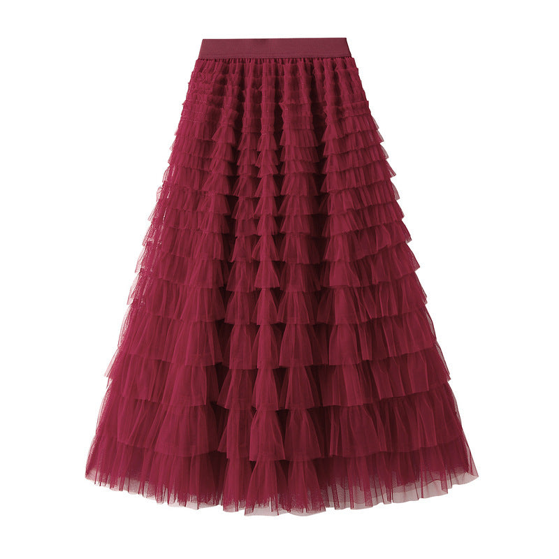Line Mesh Ruffle Skirt Women's Temperament Sweet Long Skirt Slim Cupcake Dress Womens Clothing