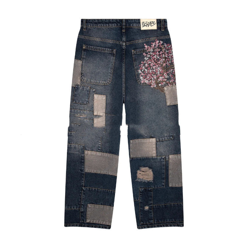 Digital-print Floral Faux Denim Straight-leg Floor-length Pants 3D