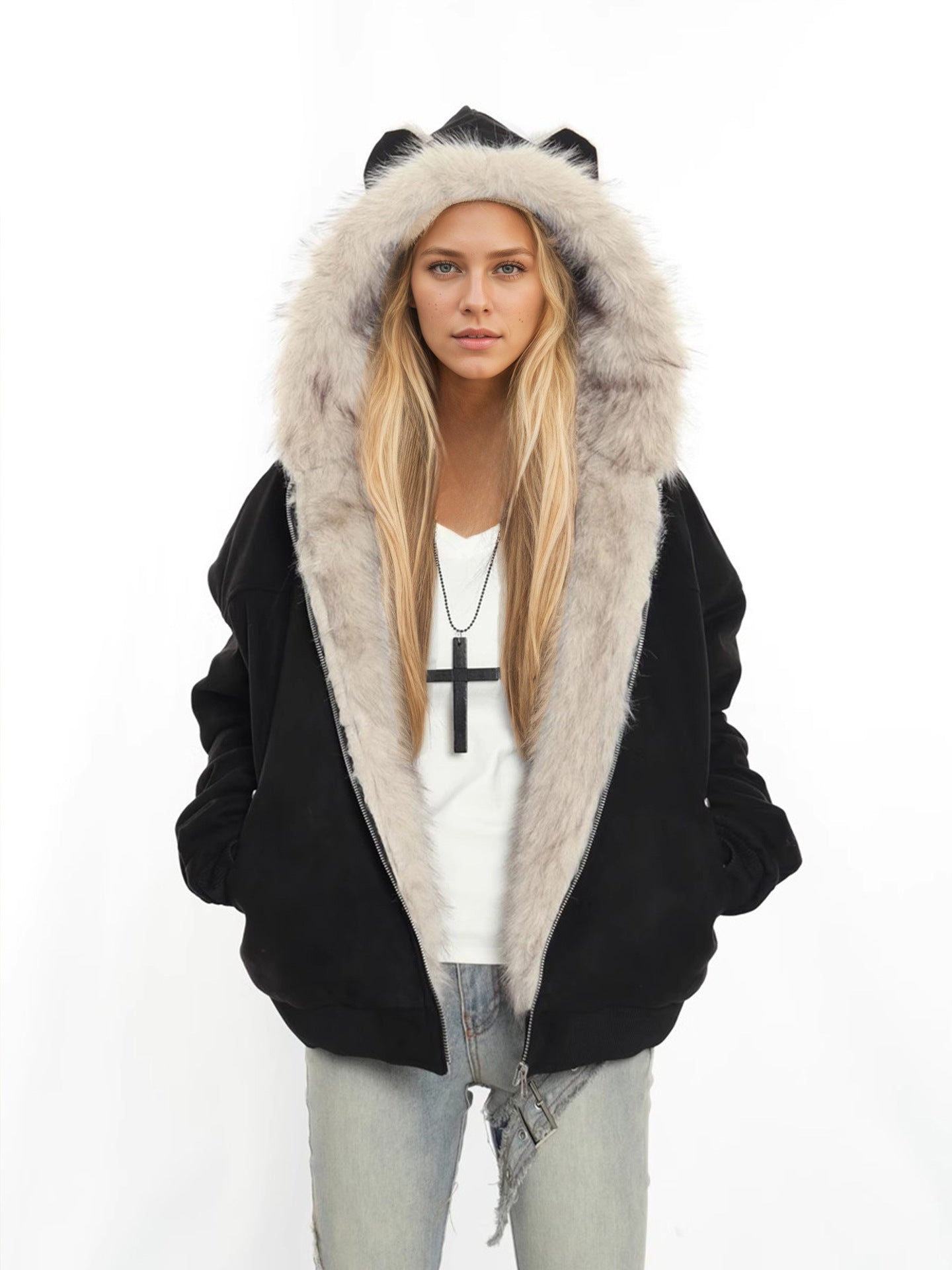 Winter Coat With A Fur Collar Made From Faux Suede For Warmth