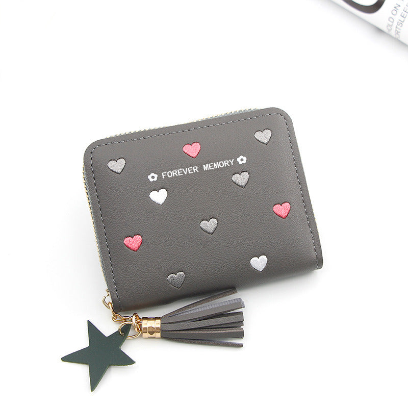 Embroidered Love Korean Women's Wallet Short Clutch Little Girl Coin Purse Women's Zipper Bag Card Holder Card Case