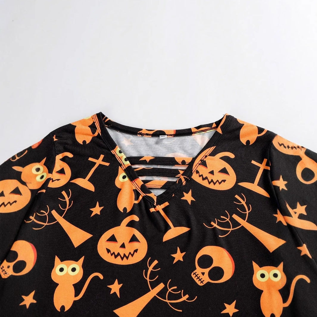 Digital Printing Halloween Round Neck Long Sleeve Plus Size T-shirt
