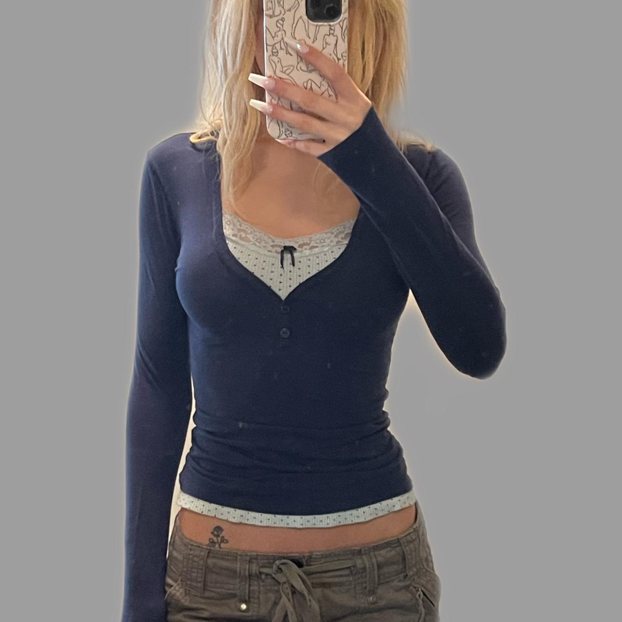 New Commuter Bottom Top Women's V-neck Panel Contrast Bow T-shirt