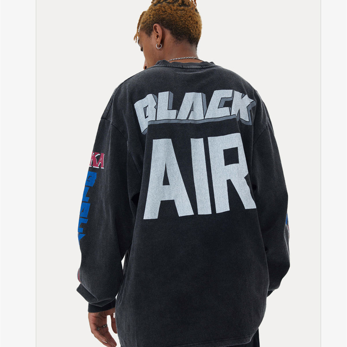 Washed And Distressed Loose Crew Neck Racing Lettering Long Sleeve T-Shirt