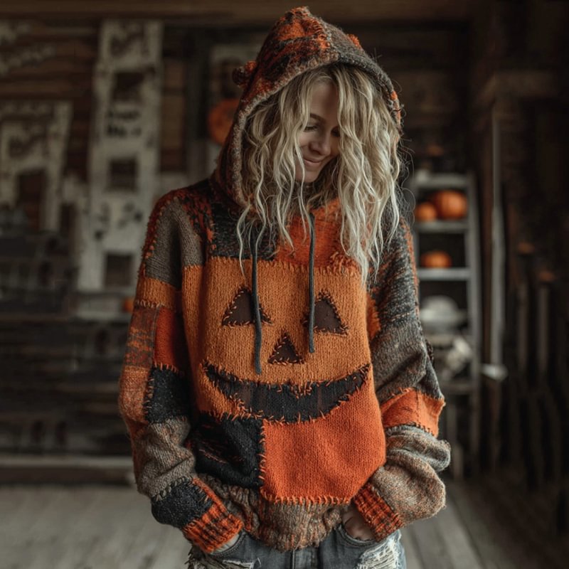 Drop-Shoulder Vintage Womens Printed Loose Hooded Top