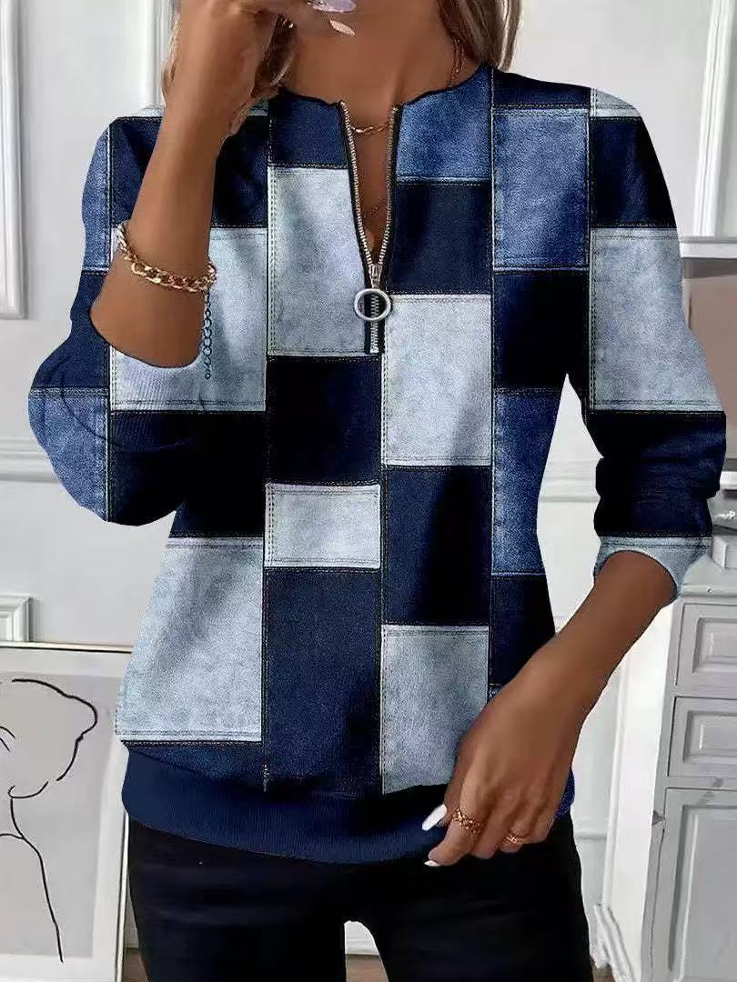 Women's Printed V-neck Long Sleeve Pullover Loose Sweater
